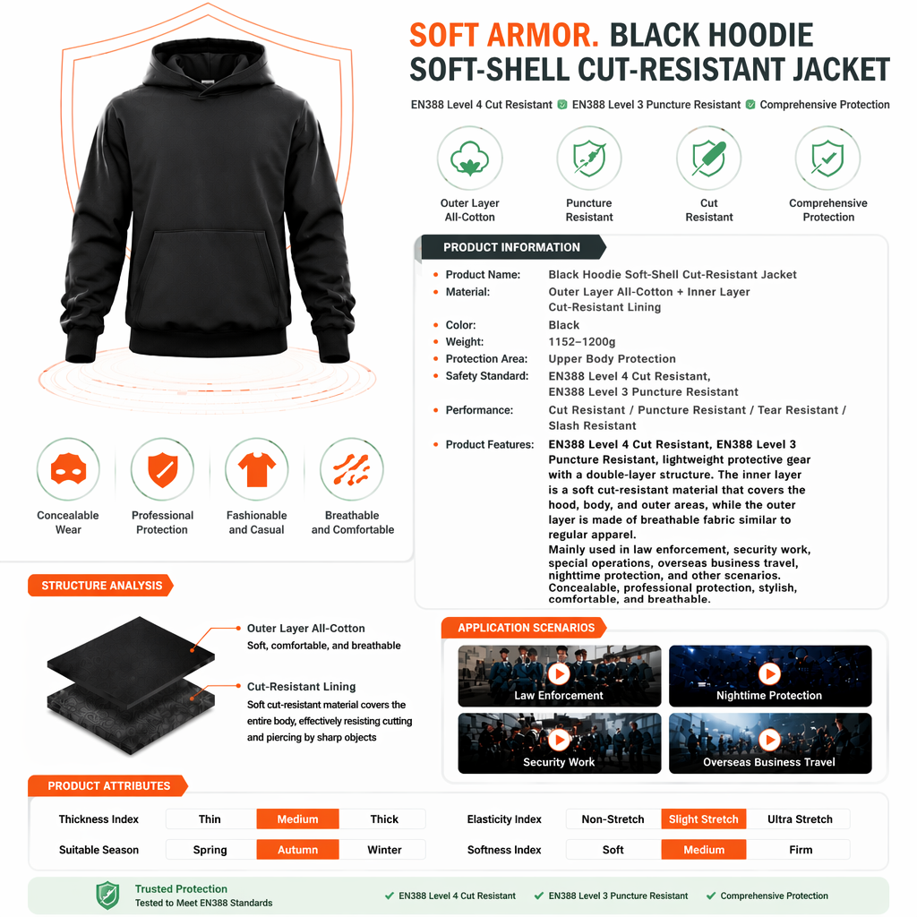 Soft Guard Armor – Black Hooded Cut-Resistant Hoodie
