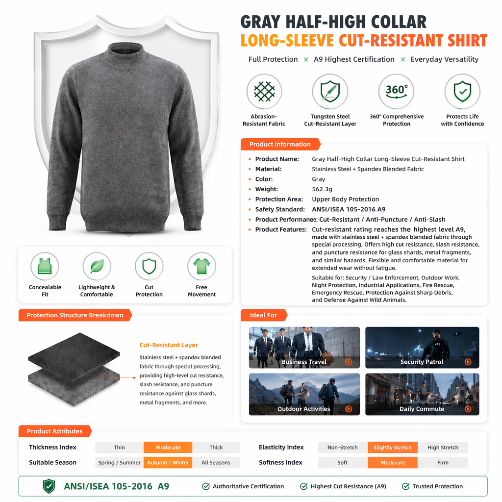 Outdoor Light Armor Gray Cut-Resistant Half-Turtleneck Shirt