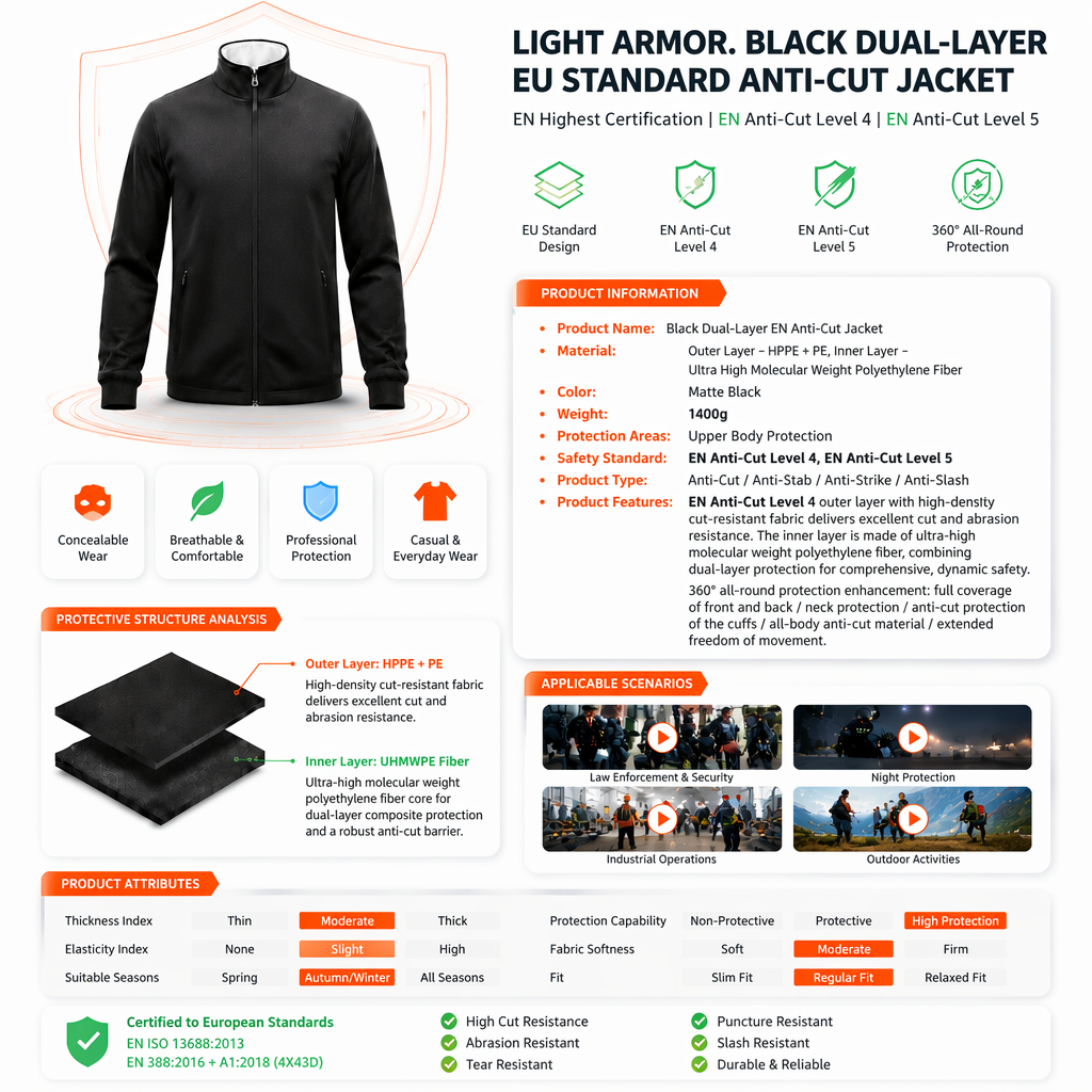 Light Armor . Black Double-Layer Cut-Resistant Jacket . EN388 Highest Certified Cut & Puncture Protection