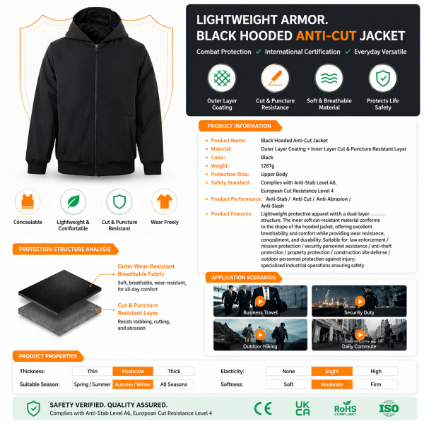 Soft Guard Armor – Black Hooded Cut-Resistant Hoodie