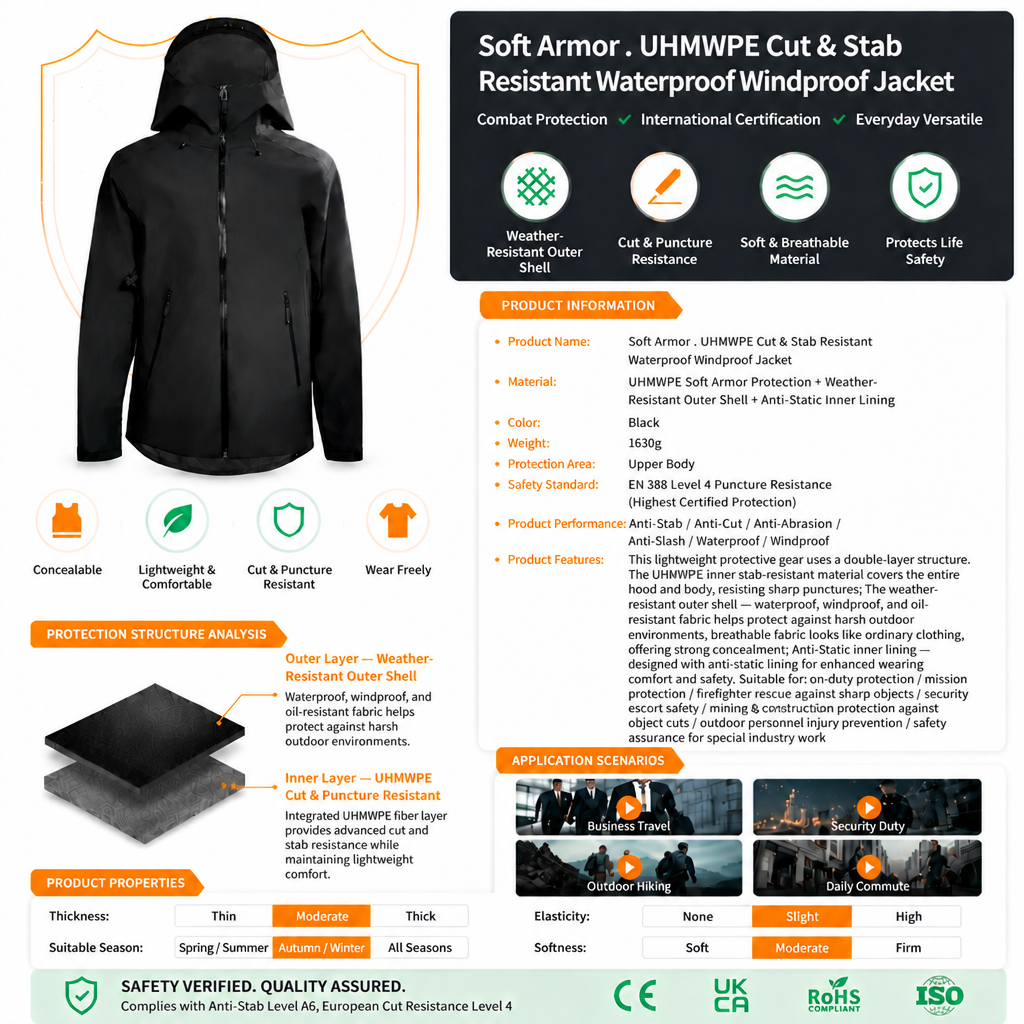 Light Armor – Black Hooded Cut-Resistant Jacket
